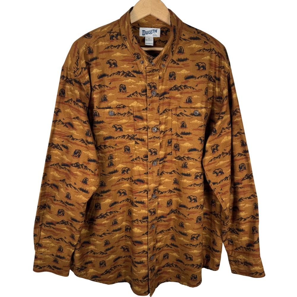 Duluth Trading Co Relaxed Fit Bear Mountain Print Shirt Men XL Button Down Brown - Picture 3 of 7